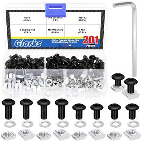 Glarks 201pcs M5 T Slot Nut and Button Head Socket Cap Screw Kit for 2020 Series Aluminum Extrusion, 40pcs 2020 Series T Nut and 40pcs T Sliding Nut, 80pcs Hexagon Socket Screw with 40pcs Flat Washers