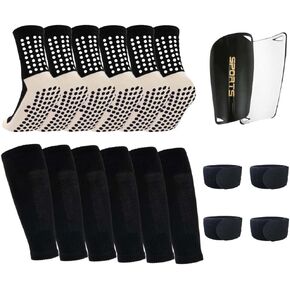 3 Pairs Mens Grip Soccer Socks, 3 Pairs Shin Sleeves with 1 Pack Shin Guards and 4 Shin Straps, Soccer Football Game Set 11 Pcs