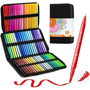 Simetufy 60 Colors Coloring Markers for Adult Coloring Books No Bleeding, Water-Based Brush Tip Markers, Dual Tip (Brush and Fine Tip) Coloring Book Markers for Adults