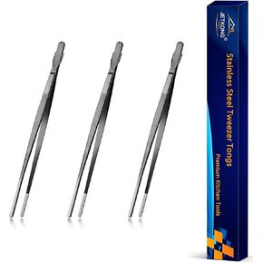 JETKONG Extra Long Kitchen Tweezers Heavy Duty Stainless Steel Cooking Tweezers, Set of 3 (9 12 14 Inch, Silver)