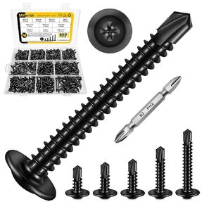 400Pcs Black Self Tapping Screws for Metal, 10 Sz #8#10 Length 1/2" to 1-1/4", Sheet Metal Screws for Metal Wood & Plastic, 410 Stainless Steel Self Drilling Screws, Black Oxide Truss Head by Mywish