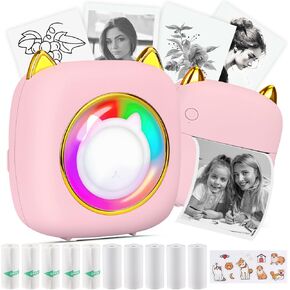 HuiJuKeJi Mini Sticker Printer with RGB Light Pocket Inkless Thermal Printer for iOS&Android, 9 Rolls Thermal Paper＆5 Color Pens, Bluetooth Smart Portable Receipt Printer for Photo Journal Notes Memo