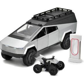 Cyber Truck Toy Car with Camper & CyberQuad ATV Motorcycle Diecast 1/24 CyberTruck Model w/Lights Sounds *Bonus Charging Station* Great Gifts for Teens Gifts for Him Kids 3+ (Stainless Steel)