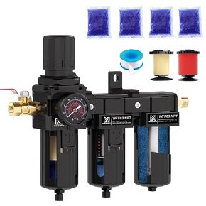 3/8 Inch NPT Three Stage Air Drying System,air Pressure Regulator with 5＆0.01 Micron Filter Cartridge，Desiccant Dryer & Air Regulator, Metal Bowl Manual Drainage-Black