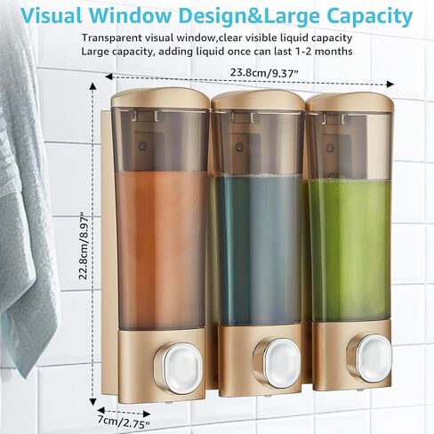 موزع شامبو وبلسم مثبت على الحائط، موزع صابون دش 3 غرف بدون حفر، مجموعة موزع شامبو الحمام القابل لإعادة الملء، موزع غسول الجسم لبلسم شامبو الحائط (أسود) in Kuwait