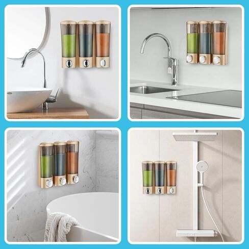 موزع شامبو وبلسم مثبت على الحائط، موزع صابون دش 3 غرف بدون حفر، مجموعة موزع شامبو الحمام القابل لإعادة الملء، موزع غسول الجسم لبلسم شامبو الحائط (أسود) in Kuwait