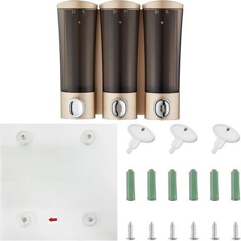 موزع شامبو وبلسم مثبت على الحائط، موزع صابون دش 3 غرف بدون حفر، مجموعة موزع شامبو الحمام القابل لإعادة الملء، موزع غسول الجسم لبلسم شامبو الحائط (أسود) in Kuwait