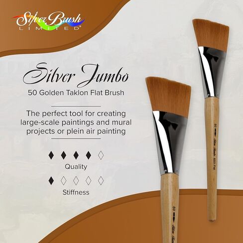Silver Brush Limited 8201-40 Silver Jumbo Golden Taklon Flat Paintbrush for Oil, Acrylic, Heavy Body Paints, Gesso & Grounds, Varnish & Top Coat, Size 40, Mid Length Handle in Kuwait