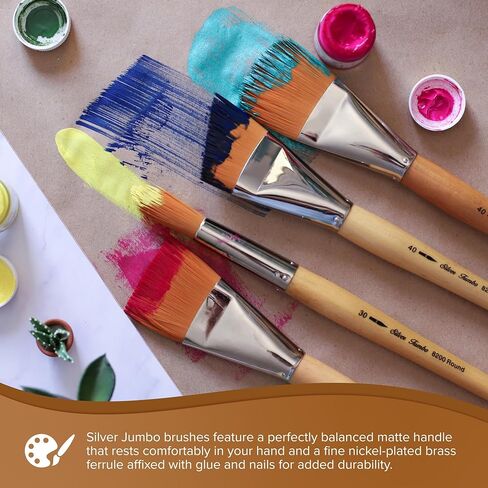 Silver Brush Limited 8201-40 Silver Jumbo Golden Taklon Flat Paintbrush for Oil, Acrylic, Heavy Body Paints, Gesso & Grounds, Varnish & Top Coat, Size 40, Mid Length Handle in Kuwait