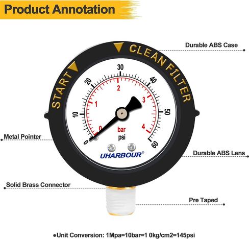 Pool Pressure Gauge, Pool Filter pressure Gauge, 1/4"NPT Back Mount Swimming Pool Filter Pressure Gauge Range from 0 to 60psi/kpa in Saudi Arabia