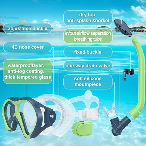 Gintenco Snorkeling Gear for Kids, Dry Top Kids Snorkel Set for Age 6-14, Anti-Fog Tempered Glass Swimming Goggles Anti Leak Diving Mask 180 Degree View for Youth Toddler Girls Boys in Saudi Arabia