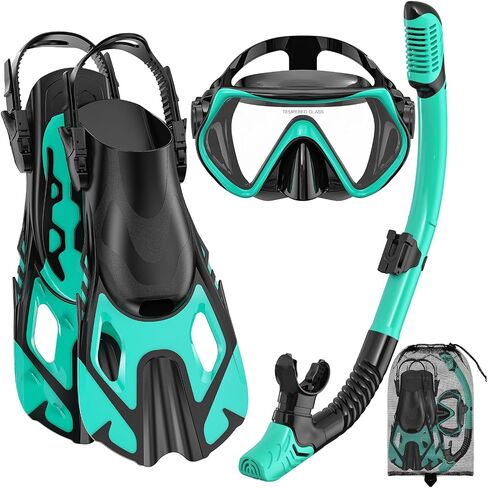 Snorkeling Gear for Adults, Mask Fin Snorkel Set, Dry Top Snorkel, Snorkeling Kit Travel Diving Package, Panoramic View Anti-Fog Anti-Leak Adjustable Swim Fins (L/XL) in Saudi Arabia