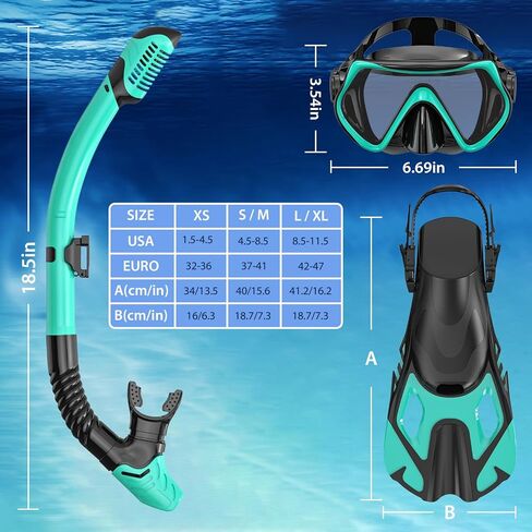 Snorkeling Gear for Adults, Mask Fin Snorkel Set, Dry Top Snorkel, Snorkeling Kit Travel Diving Package, Panoramic View Anti-Fog Anti-Leak Adjustable Swim Fins (L/XL) in Saudi Arabia