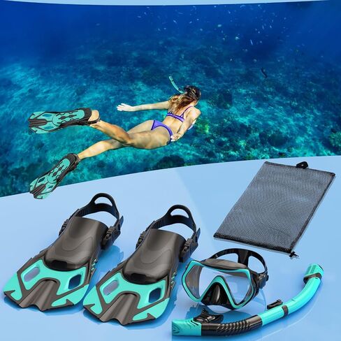 Snorkeling Gear for Adults, Mask Fin Snorkel Set, Dry Top Snorkel, Snorkeling Kit Travel Diving Package, Panoramic View Anti-Fog Anti-Leak Adjustable Swim Fins (L/XL) in Saudi Arabia