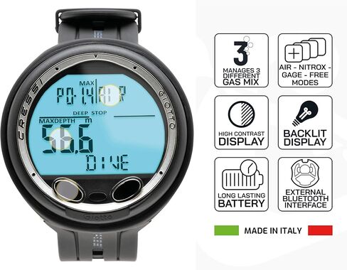 Cressi Scuba Diving Computer - 3 Dive Programs: Air•Nitrox•Gauge - Dual-mixture Gasses - Backlit Light, Logbook, Ascent Alarms | Giotto: made in Italy in Kuwait