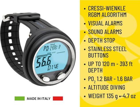 Cressi Scuba Diving Computer - 3 Dive Programs: Air•Nitrox•Gauge - Dual-mixture Gasses - Backlit Light, Logbook, Ascent Alarms | Giotto: made in Italy in Kuwait