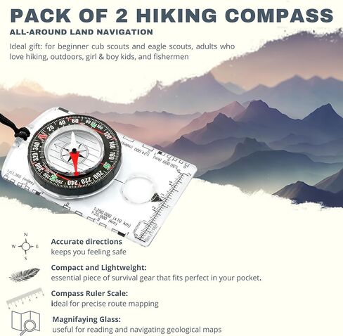 حزمة من 2 بوصلة توجيه للتنزه سيرًا على الأقدام - بوصلات للكشافة للأطفال - مجموعة تروس مغناطيسية - خريطة ملاحة - توجيه بروجولاس - حقيبة ظهر للتخييم والصيد والبقاء على قيد الحياة. in Kuwait