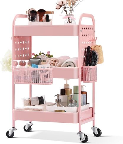 TOOLF 3-Tier Storage Cart, Metal Utility Rolling Cart with DIY Pegboards, Art Craft Trolley with Baskets Hooks, Organizer Serving Cart Easy Assemble for Office, Home, Kitchen, Bathroom, Laundry, Grey in Kuwait