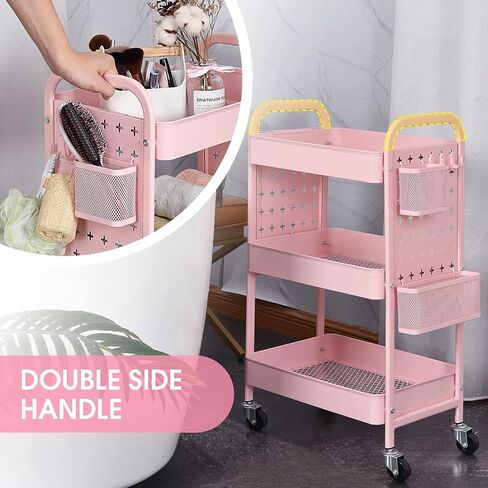 TOOLF 3-Tier Storage Cart, Metal Utility Rolling Cart with DIY Pegboards, Art Craft Trolley with Baskets Hooks, Organizer Serving Cart Easy Assemble for Office, Home, Kitchen, Bathroom, Laundry, Grey in Kuwait