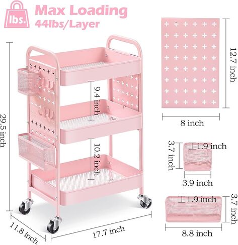 TOOLF 3-Tier Storage Cart, Metal Utility Rolling Cart with DIY Pegboards, Art Craft Trolley with Baskets Hooks, Organizer Serving Cart Easy Assemble for Office, Home, Kitchen, Bathroom, Laundry, Grey in Kuwait