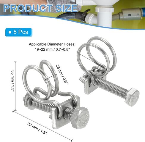 PATIKIL 24-28mm Adjustable Double Wire Hose Clamp, 5 Pcs 304 Stainless Steel Wire Hose Clips Pipe Tube Clamps for Dust Collection Rubber PVC Pool Pump Hose in Saudi Arabia