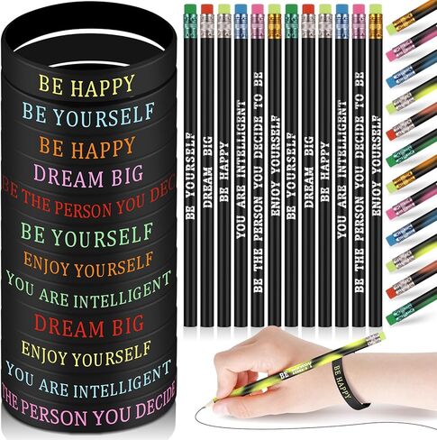 Sabary 48 Pcs Motivational Pencils Inspirational Silicone Bracelets Set Mood Pencil Motivational Quote Rubber Wristbands for Kids Teens Christmas Classroom Gifts for Students (Colorful Background) in Kuwait