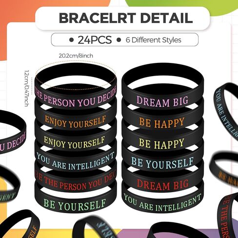 Sabary 48 Pcs Motivational Pencils Inspirational Silicone Bracelets Set Mood Pencil Motivational Quote Rubber Wristbands for Kids Teens Christmas Classroom Gifts for Students (Colorful Background) in Kuwait