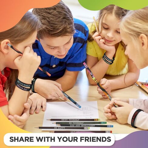 Sabary 48 Pcs Motivational Pencils Inspirational Silicone Bracelets Set Mood Pencil Motivational Quote Rubber Wristbands for Kids Teens Christmas Classroom Gifts for Students (Colorful Background) in Kuwait