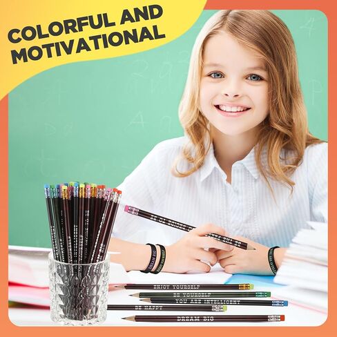 Sabary 48 Pcs Motivational Pencils Inspirational Silicone Bracelets Set Mood Pencil Motivational Quote Rubber Wristbands for Kids Teens Christmas Classroom Gifts for Students (Colorful Background) in Kuwait