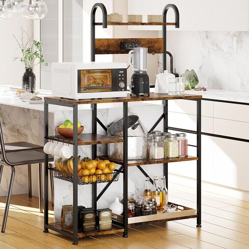 Shintenchi Kitchen Bakers Rack with Power Outlet, Multifunctional Organizer & Storage with 6 Hooks, Microwave Oven Stand, and Coffee Station Shelf, Grey in Saudi Arabia