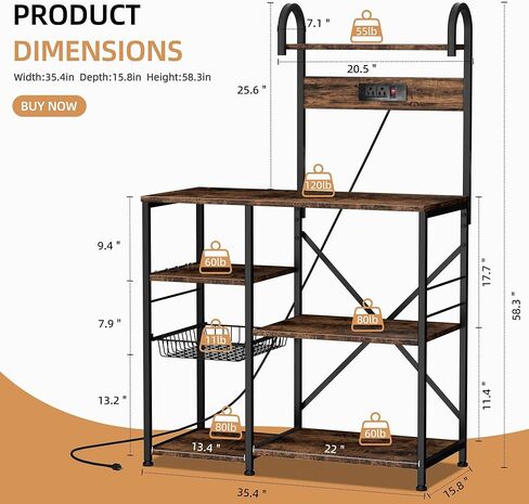 Shintenchi Kitchen Bakers Rack with Power Outlet, Multifunctional Organizer & Storage with 6 Hooks, Microwave Oven Stand, and Coffee Station Shelf, Grey in Saudi Arabia