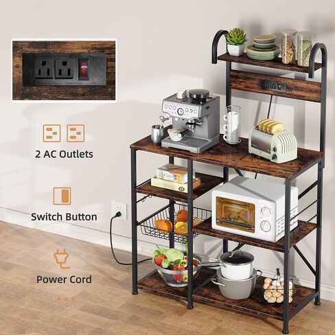 Shintenchi Kitchen Bakers Rack with Power Outlet, Multifunctional Organizer & Storage with 6 Hooks, Microwave Oven Stand, and Coffee Station Shelf, Grey in Saudi Arabia