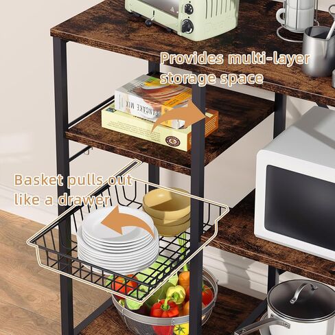 Shintenchi Kitchen Bakers Rack with Power Outlet, Multifunctional Organizer & Storage with 6 Hooks, Microwave Oven Stand, and Coffee Station Shelf, Grey in Saudi Arabia