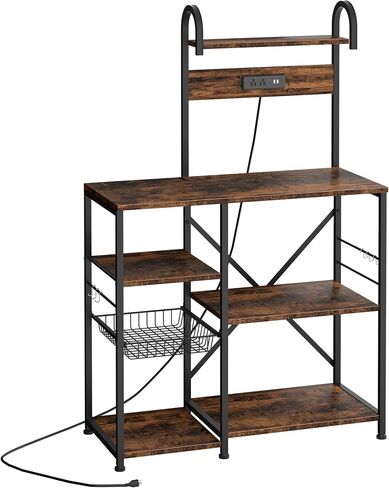 Shintenchi Kitchen Bakers Rack with Power Outlet, Multifunctional Organizer & Storage with 6 Hooks, Microwave Oven Stand, and Coffee Station Shelf, Grey in Saudi Arabia