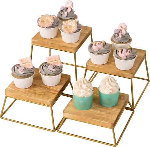 MyGift Torched Wood Cupcake Stand, Square Food Dessert Display Riser, Retail Stand with Black Metal Wire Frame, Set of 4 in Saudi Arabia