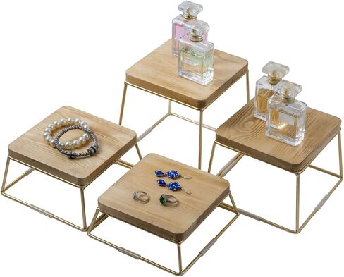 MyGift Torched Wood Cupcake Stand, Square Food Dessert Display Riser, Retail Stand with Black Metal Wire Frame, Set of 4 in Saudi Arabia