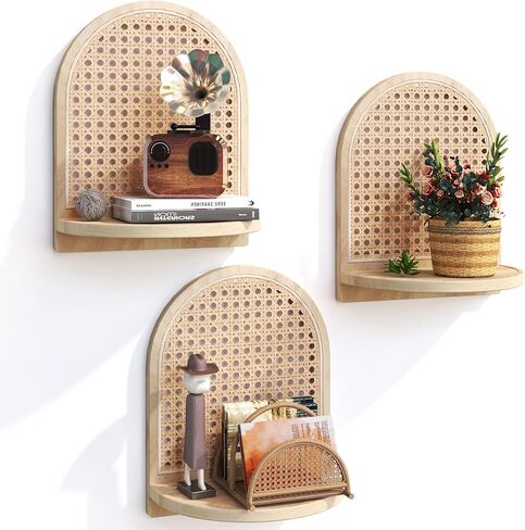 Corner Floating Shelves, Rattan Corner Wall Shelf Pine Wood Natural Boho Bookshelf Wicker Corner Shelf Wall Mounted for Bedroom,Bathroom,Living Room in Saudi Arabia