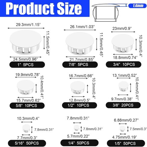 255PCS 8 Sizes White Plastic Hole Plugs, Round Drilling Hole Cover Plugs for Cabinet Shelves, Flush Type Panel Knockout Locking Plastic Plugs Insert End Caps (1/4" 5/16" 3/8" 1/2" 5/8" 3/4" 7/8" 1") in Kuwait
