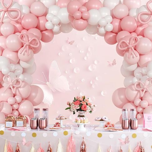 146 Pcs Coquette Birthday Decorations Pink Bow Balloons Arch Kit, Bow Balloons Coquette Pink and White Balloons Garland, Pink Bow Party Decoration for Birthday Baby Shower Wedding in Saudi Arabia