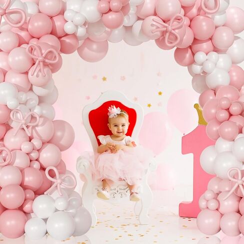 146 Pcs Coquette Birthday Decorations Pink Bow Balloons Arch Kit, Bow Balloons Coquette Pink and White Balloons Garland, Pink Bow Party Decoration for Birthday Baby Shower Wedding in Saudi Arabia