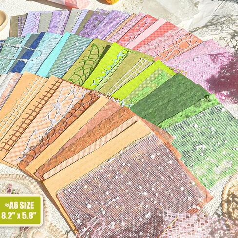 Aromoty 90 sheets Textured Scrapbook Paper&Mesh Fabric set - Handmade Craft Mulberry Special Paper 6 Pack Mix for Scrapbooking Junk Journaling Supplies Card Planner DIY Materials Collage, 5.1x7 Inch in Kuwait