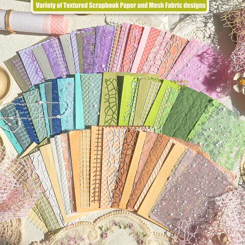 Aromoty 90 sheets Textured Scrapbook Paper&Mesh Fabric set - Handmade Craft Mulberry Special Paper 6 Pack Mix for Scrapbooking Junk Journaling Supplies Card Planner DIY Materials Collage, 5.1x7 Inch in Kuwait