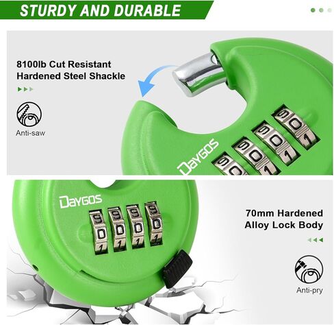 أقفال أقراص مجمعة من DAYGOS للاستخدام في الهواء الطلق - قفل رمز عالي التحمل مكون من 4 أرقام، قفل قرص كومبو لوحدة التخزين، البوابة، السياج، الممر (تكبل 3/8 بوصة، قطعة واحدة، أسود) in Kuwait