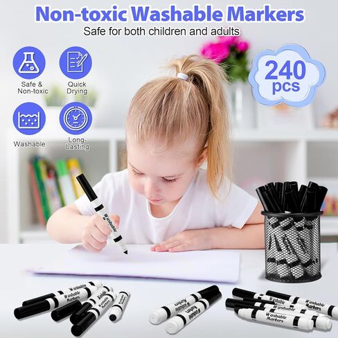 Janlaugh 144 Pcs Black Markers Bulk Washable Markers Set Broad Line Markers Broad Tip Classic Washable Markers for Kids, Teachers, Students, Party Favors, School Supplies, Donations in Kuwait