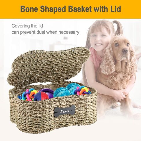 Pet Dog Toy Basket,Personalized Dog Toy Bin,Bone Shape Dog Toys Storage,Wicker Storage Basket for Dog Cat Toys,Dog Toy Organizer Holder Boxes for Living Room,Handmade Seagrass Basket in Kuwait