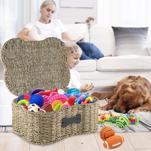 Pet Dog Toy Basket,Personalized Dog Toy Bin,Bone Shape Dog Toys Storage,Wicker Storage Basket for Dog Cat Toys,Dog Toy Organizer Holder Boxes for Living Room,Handmade Seagrass Basket in Kuwait