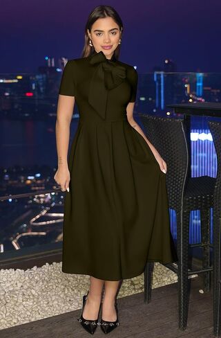 فستان Memoriesea النسائي الأنيق الكاجوال بأكمام قصيرة وحفلات العمل على شكل حرف A مع جيوب in Kuwait