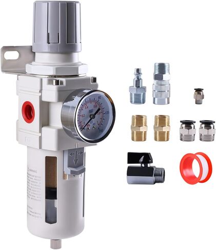 1/4 Inch NPT Air Filter Regulator Combo Piggyback, Air Compressor Water Separator, Air Line Dryer, Semi-Auto Drain, Air Pressure Regulator AW2000-02, 0-150 PSI Gauge in Saudi Arabia