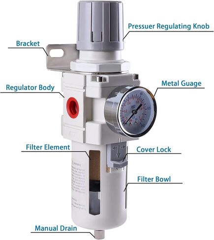 1/4 Inch NPT Air Filter Regulator Combo Piggyback, Air Compressor Water Separator, Air Line Dryer, Semi-Auto Drain, Air Pressure Regulator AW2000-02, 0-150 PSI Gauge in Saudi Arabia