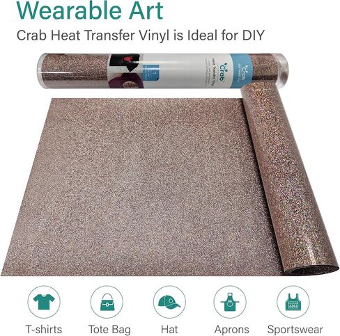 Crab HTV Heat Transfer Vinyl Roll - Glitter 12" x 5ft, Easy to Cut & Peel Iron on Vinyl for DIY T-Shirts Bags Gifts Design Compatible Cricut, Silhouette Cameo, Heat Press, Cutter Machine (Rose Gold) in Saudi Arabia